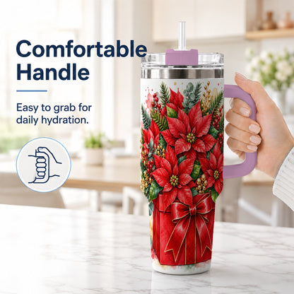 #pl[40oz|Pink] Poinsettia Bouquet 40oz Tumbler with Handle, Christmas Floral Art