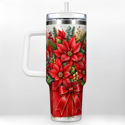 Poinsettia Bouquet 40oz Tumbler with Handle, Christmas Floral Art