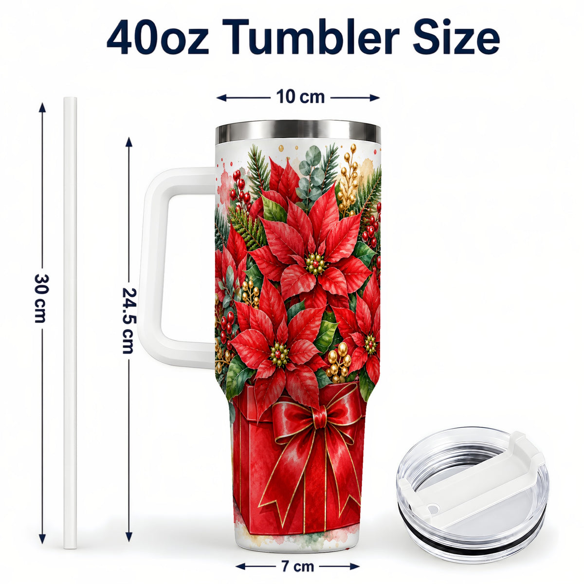 #pl[40oz|White] Poinsettia Bouquet 40oz Tumbler with Handle, Christmas Floral Art