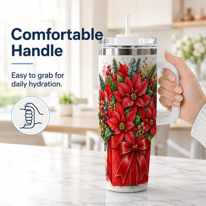 #pl[40oz|White] Poinsettia Bouquet 40oz Tumbler with Handle, Christmas Floral Art