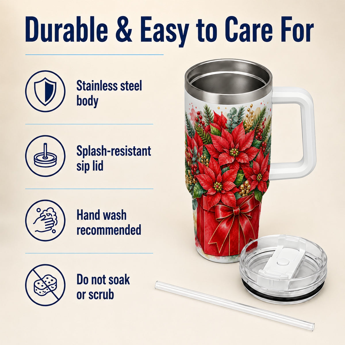 Poinsettia Bouquet 40oz Tumbler with Handle, Christmas Floral Art
