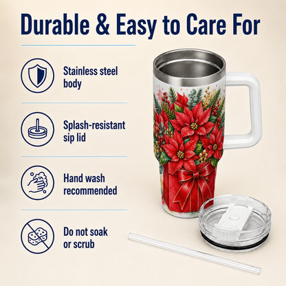 Poinsettia Bouquet 40oz Tumbler with Handle, Christmas Floral Art