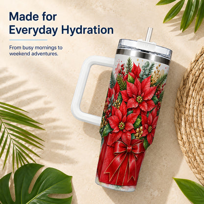 Poinsettia Bouquet 40oz Tumbler with Handle, Christmas Floral Art