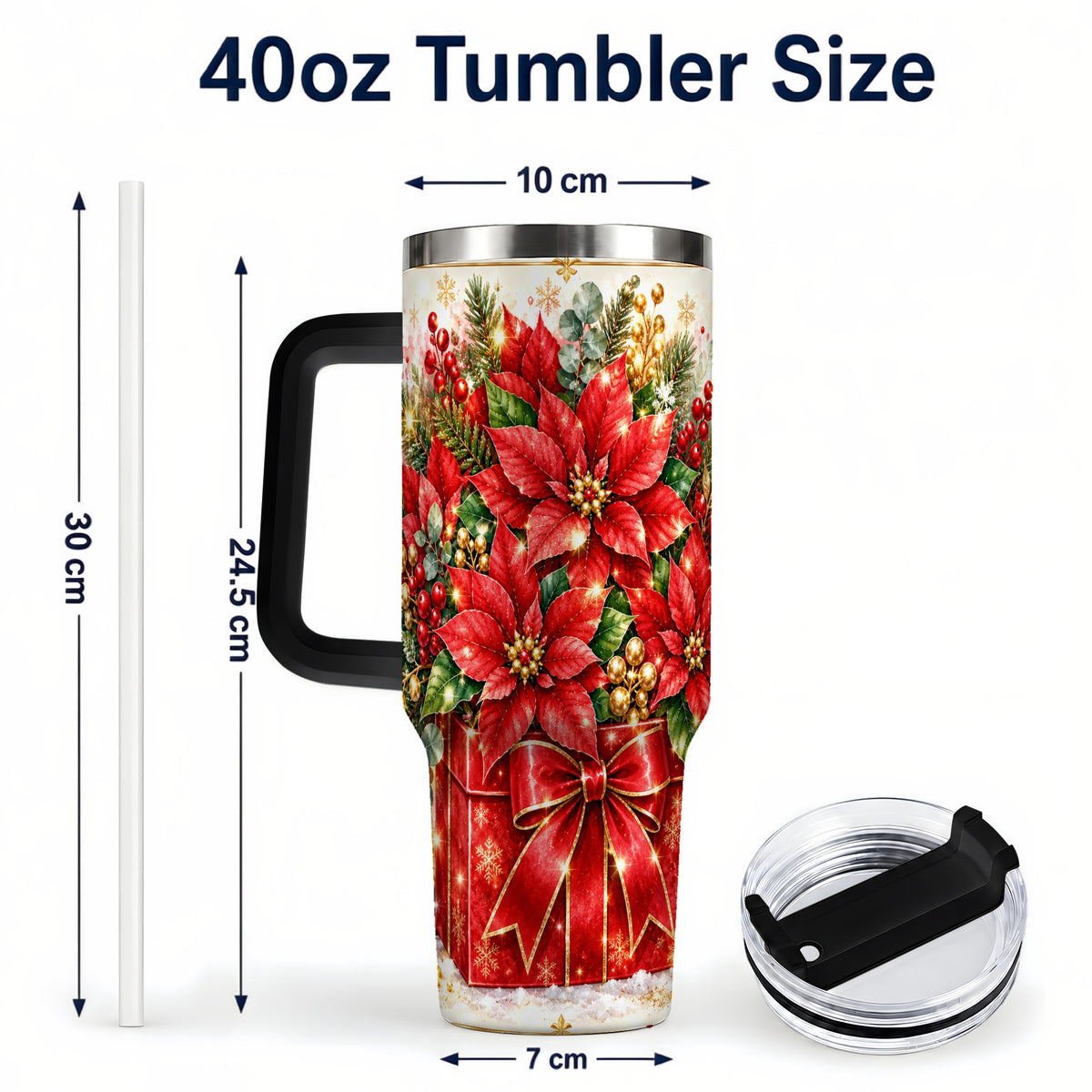 #pl[40oz|Black] Christmas Poinsettia 40oz Tumbler with Handle, Red Floral Design
