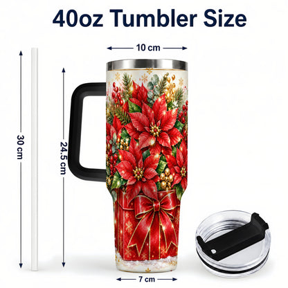 #pl[40oz|Black] Christmas Poinsettia 40oz Tumbler with Handle, Red Floral Design
