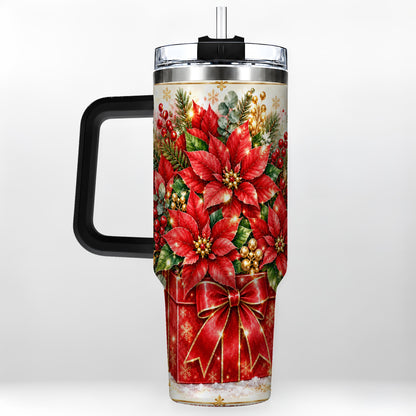 #pl[40oz|Black] Christmas Poinsettia 40oz Tumbler with Handle, Red Floral Design