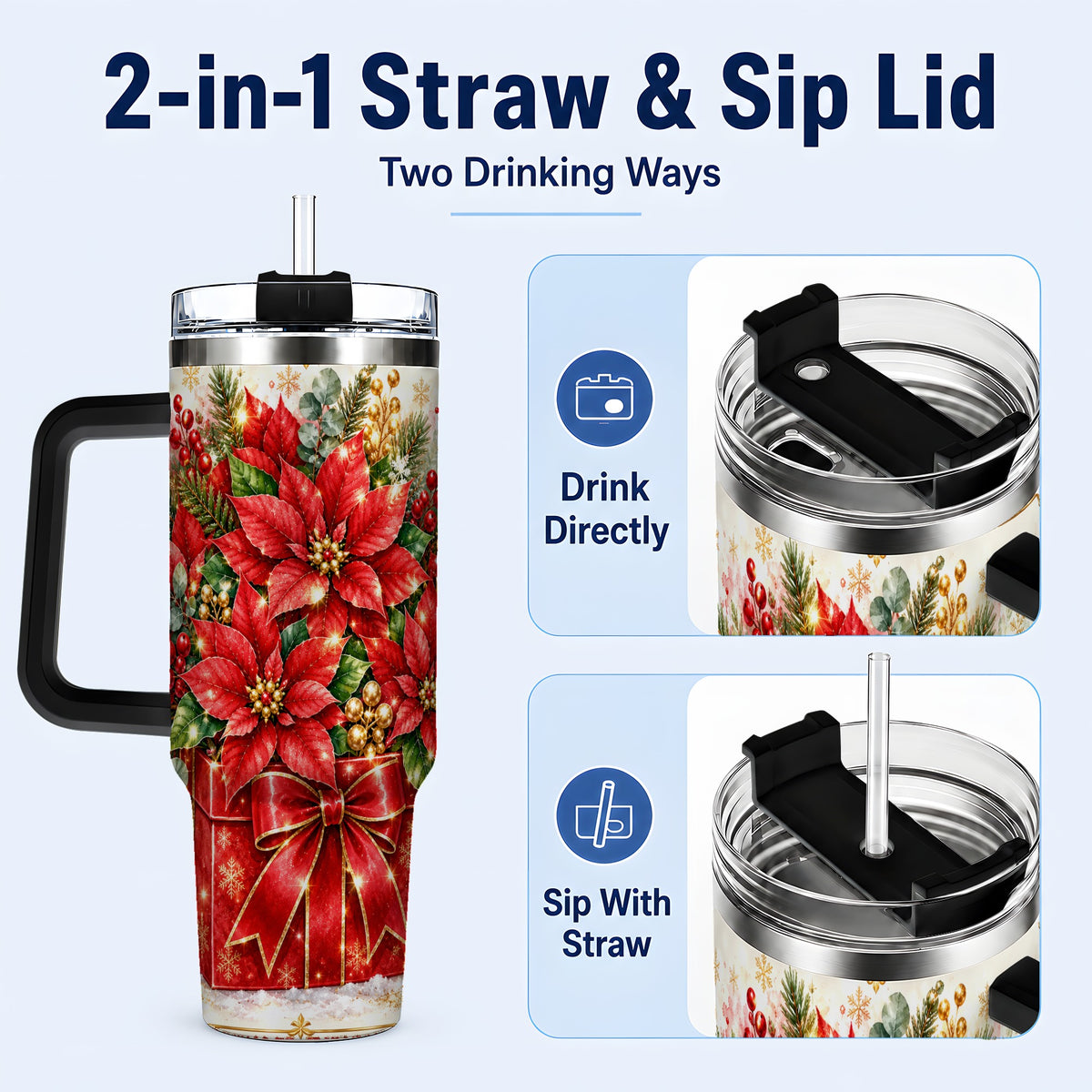 #pl[40oz|Black] Christmas Poinsettia 40oz Tumbler with Handle, Red Floral Design