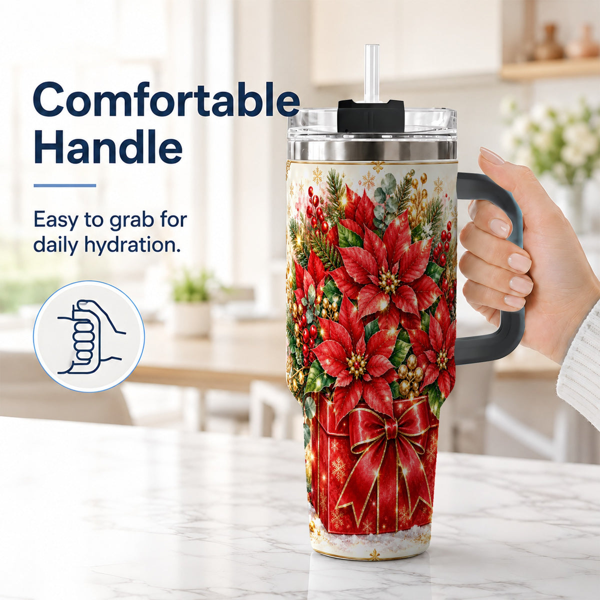 #pl[40oz|Black] Christmas Poinsettia 40oz Tumbler with Handle, Red Floral Design