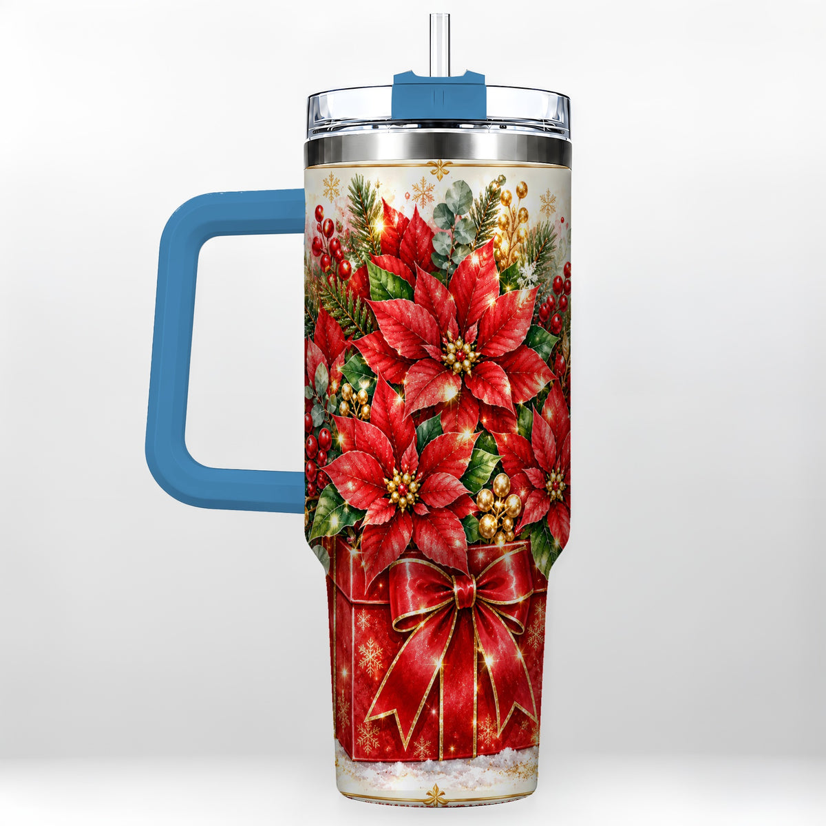 #pl[40oz|Blue] Christmas Poinsettia 40oz Tumbler with Handle, Red Floral Design