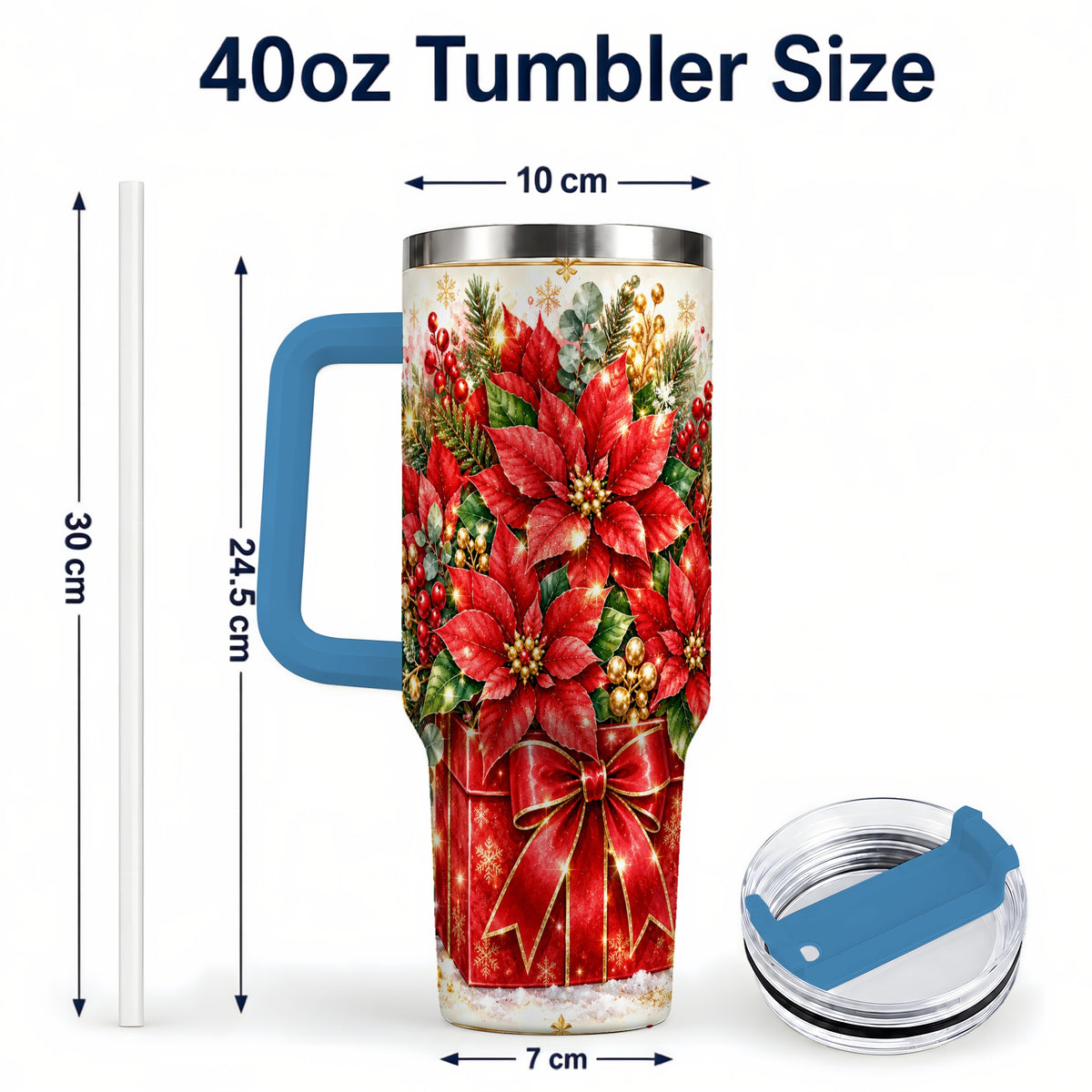 #pl[40oz|Blue] Christmas Poinsettia 40oz Tumbler with Handle, Red Floral Design