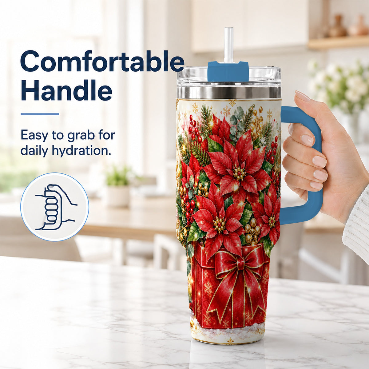 #pl[40oz|Blue] Christmas Poinsettia 40oz Tumbler with Handle, Red Floral Design