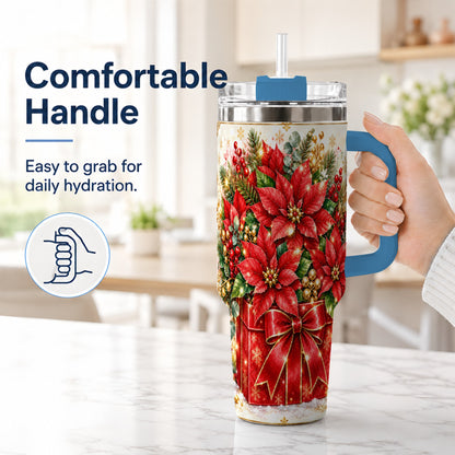 #pl[40oz|Blue] Christmas Poinsettia 40oz Tumbler with Handle, Red Floral Design