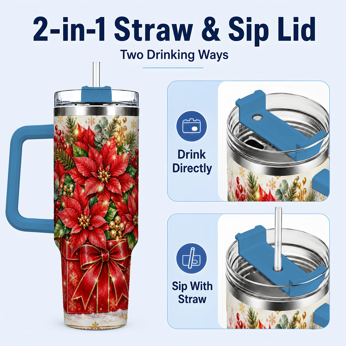 #pl[40oz|Blue] Christmas Poinsettia 40oz Tumbler with Handle, Red Floral Design