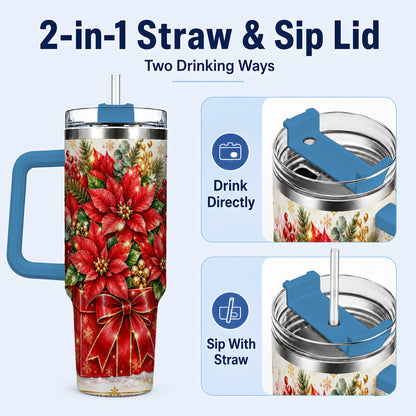 #pl[40oz|Blue] Christmas Poinsettia 40oz Tumbler with Handle, Red Floral Design
