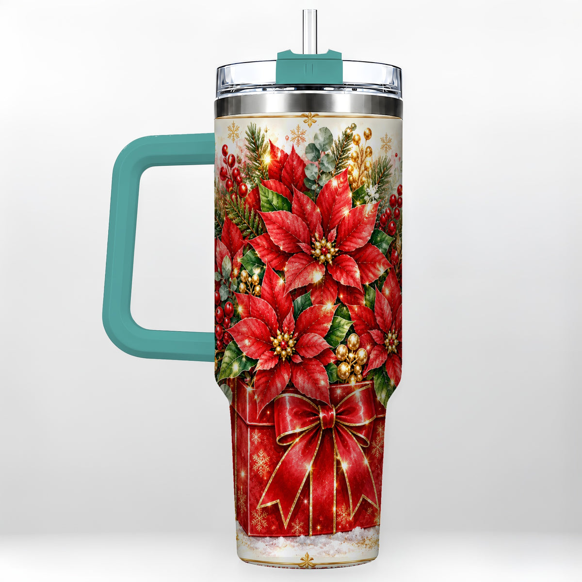 #pl[40oz|Green] Christmas Poinsettia 40oz Tumbler with Handle, Red Floral Design