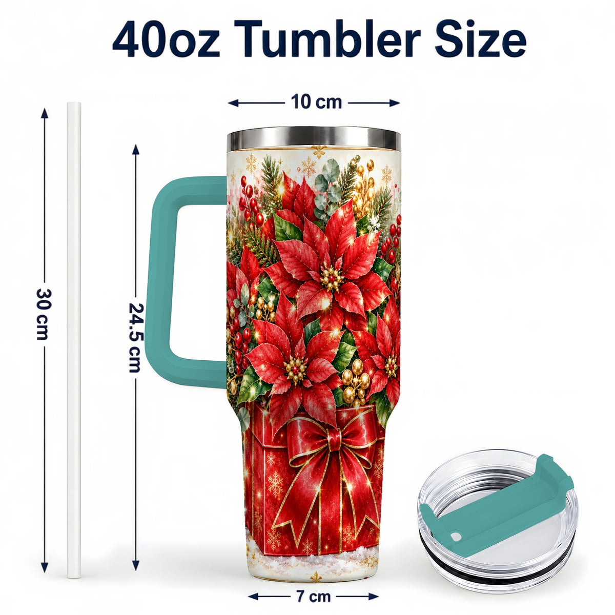 #pl[40oz|Green] Christmas Poinsettia 40oz Tumbler with Handle, Red Floral Design