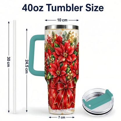 #pl[40oz|Green] Christmas Poinsettia 40oz Tumbler with Handle, Red Floral Design