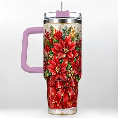 #pl[40oz|Pink] Christmas Poinsettia 40oz Tumbler with Handle, Red Floral Design