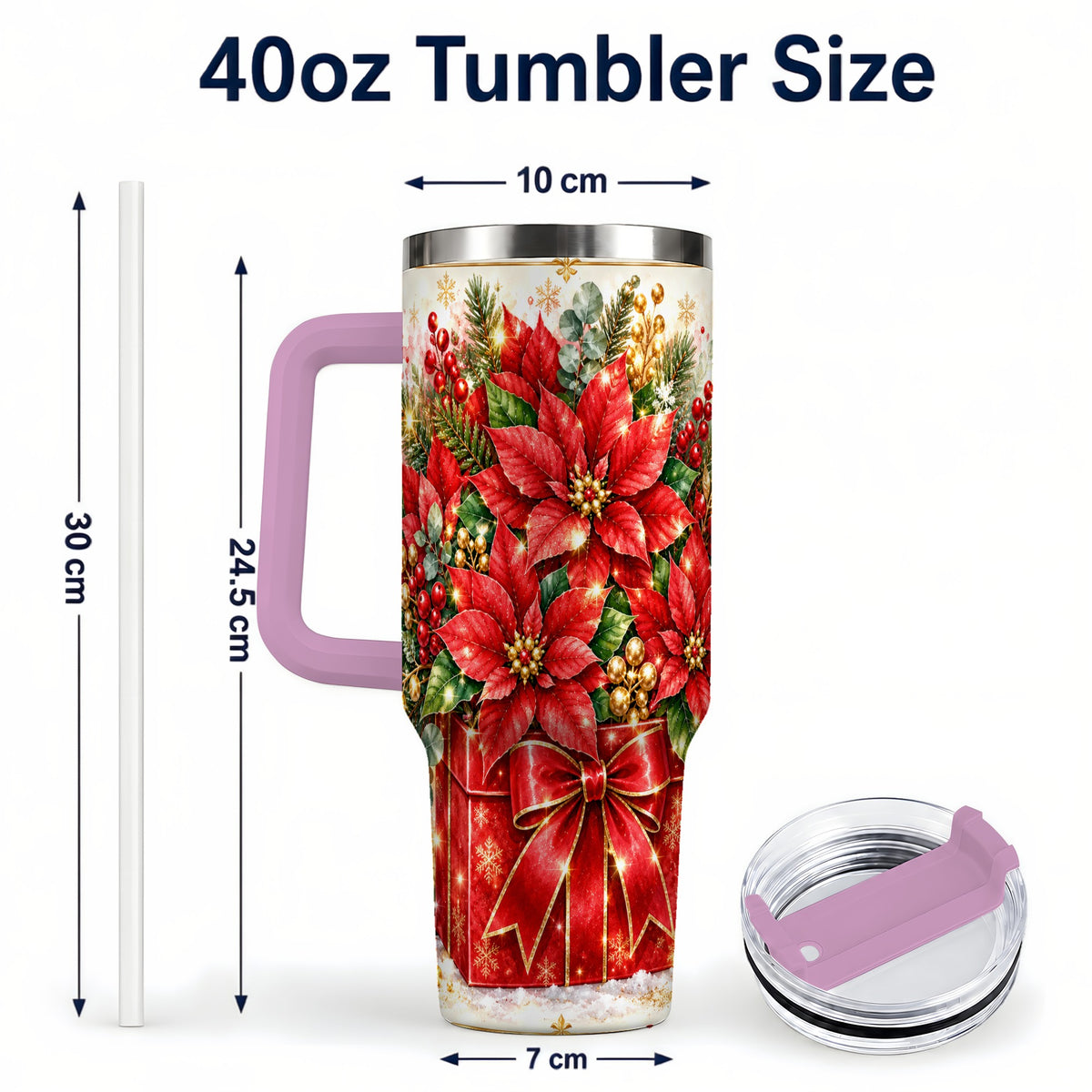 #pl[40oz|Pink] Christmas Poinsettia 40oz Tumbler with Handle, Red Floral Design