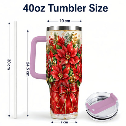#pl[40oz|Pink] Christmas Poinsettia 40oz Tumbler with Handle, Red Floral Design