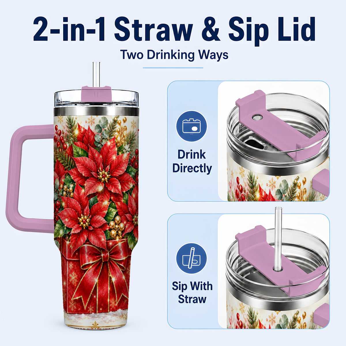 #pl[40oz|Pink] Christmas Poinsettia 40oz Tumbler with Handle, Red Floral Design