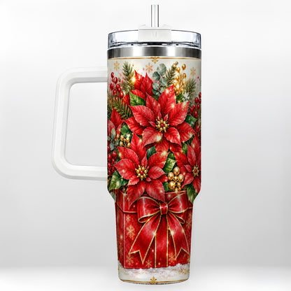 Christmas Poinsettia 40oz Tumbler with Handle, Red Floral Design