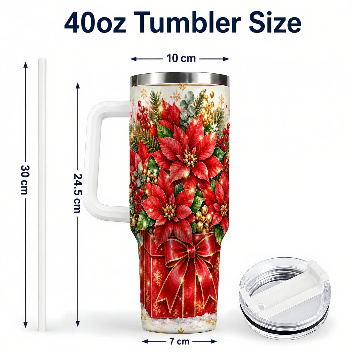 #pl[40oz|White] Christmas Poinsettia 40oz Tumbler with Handle, Red Floral Design