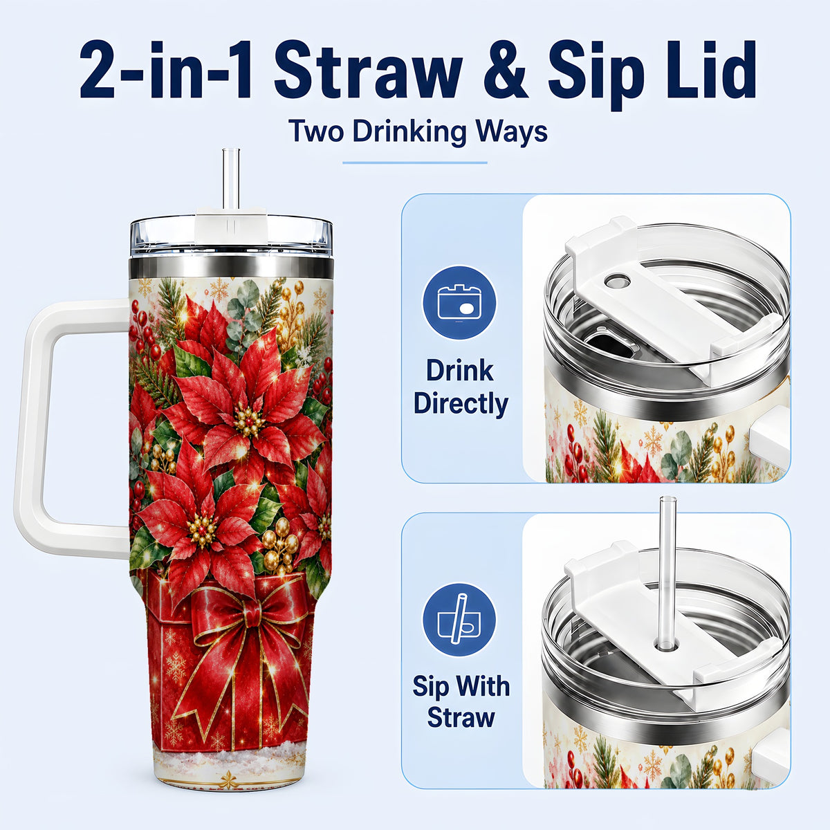 #pl[40oz|White] Christmas Poinsettia 40oz Tumbler with Handle, Red Floral Design