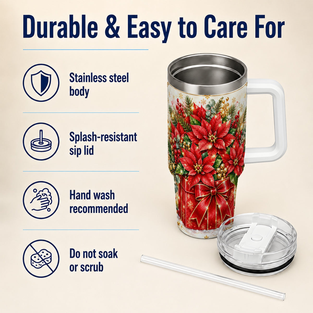 Christmas Poinsettia 40oz Tumbler with Handle, Red Floral Design