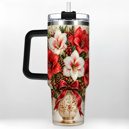 #pl[40oz|Black] Christmas Amaryllis 40oz Tumbler with Handle, Winter Floral Design
