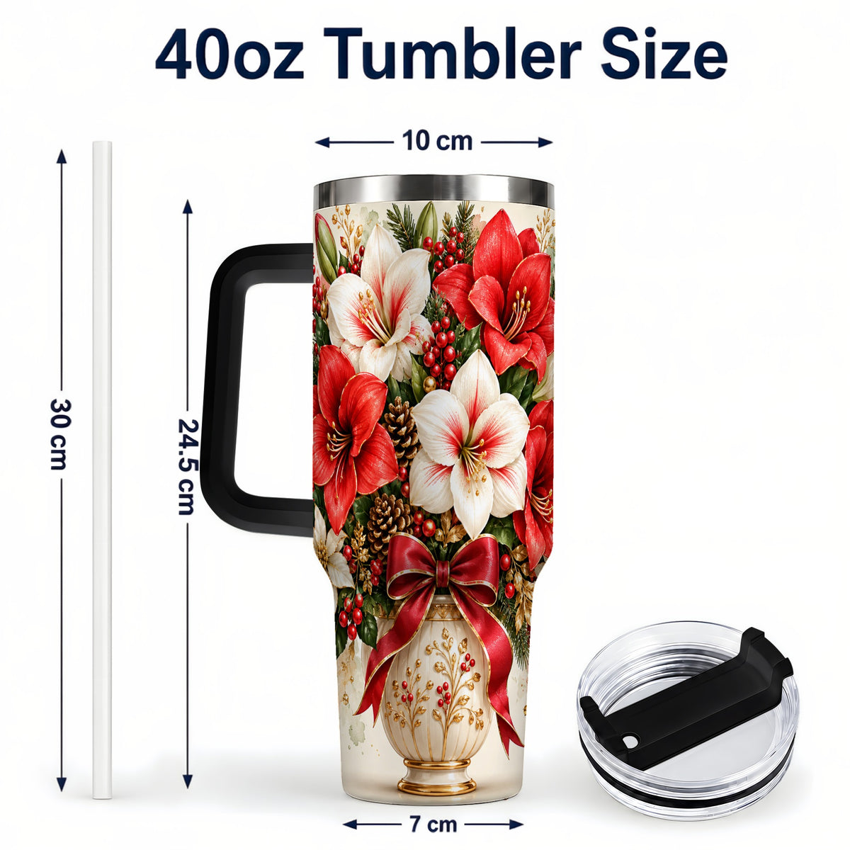 #pl[40oz|Black] Christmas Amaryllis 40oz Tumbler with Handle, Winter Floral Design