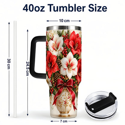 #pl[40oz|Black] Christmas Amaryllis 40oz Tumbler with Handle, Winter Floral Design