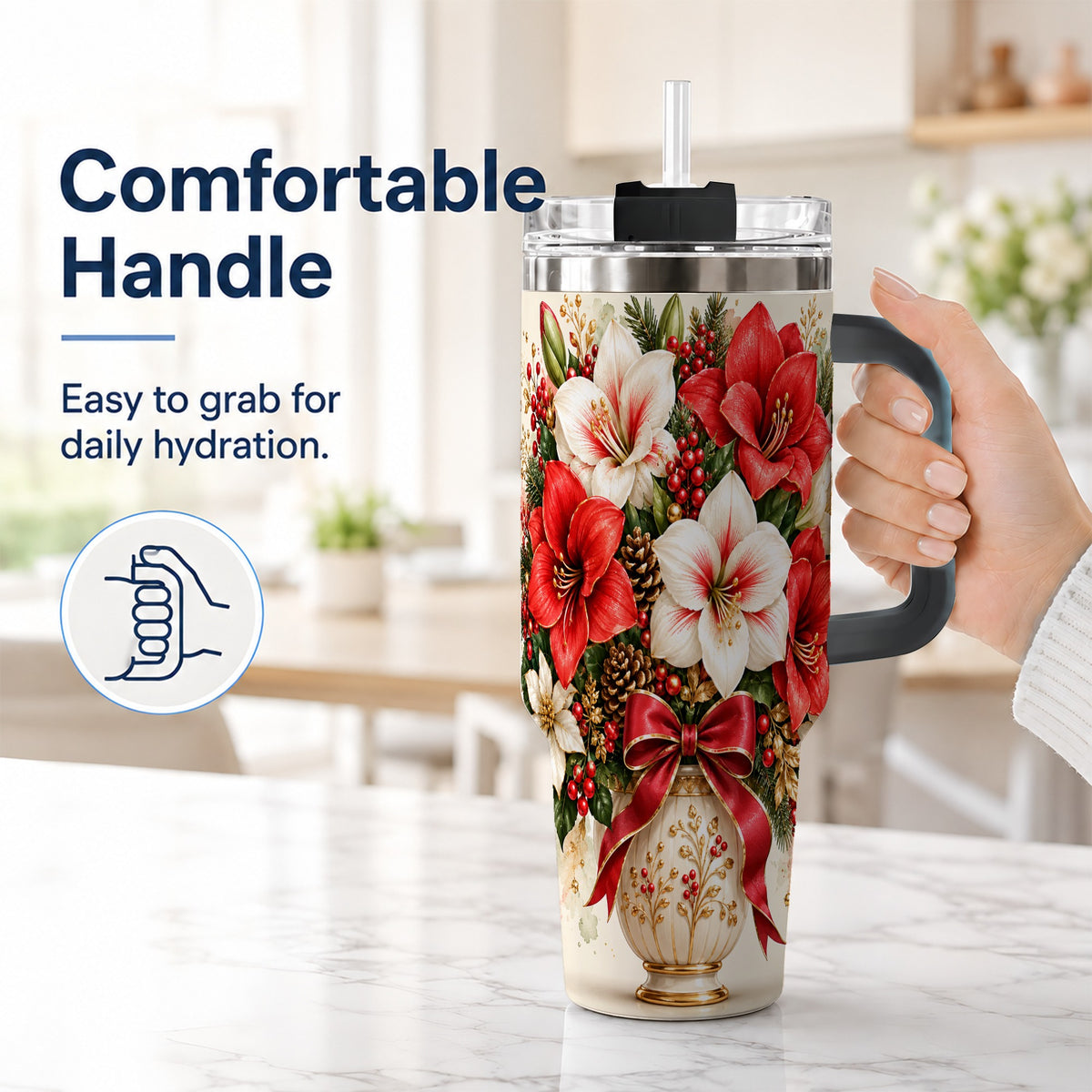 #pl[40oz|Black] Christmas Amaryllis 40oz Tumbler with Handle, Winter Floral Design