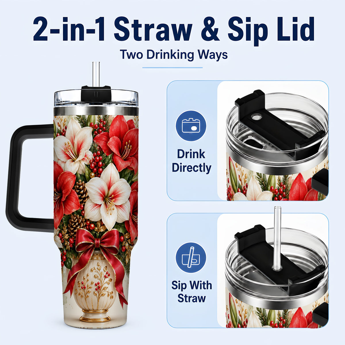 #pl[40oz|Black] Christmas Amaryllis 40oz Tumbler with Handle, Winter Floral Design