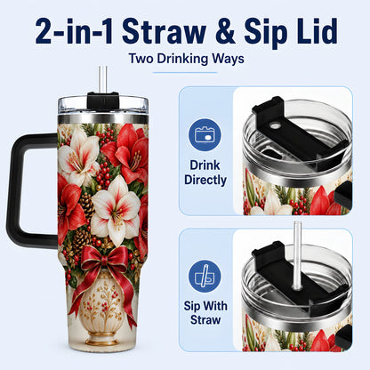 #pl[40oz|Black] Christmas Amaryllis 40oz Tumbler with Handle, Winter Floral Design