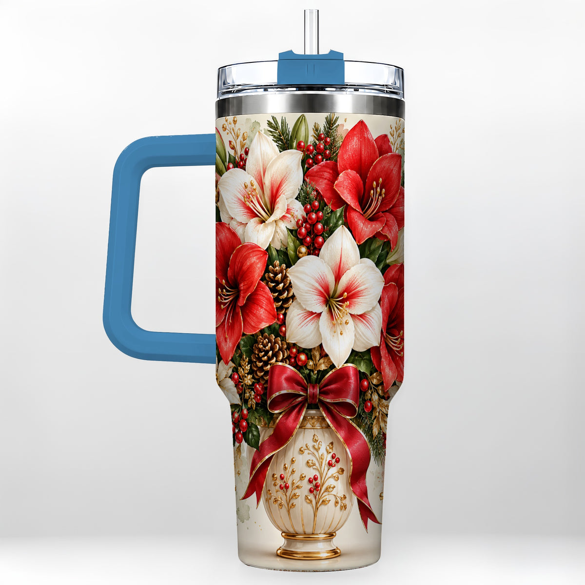 #pl[40oz|Blue] Christmas Amaryllis 40oz Tumbler with Handle, Winter Floral Design