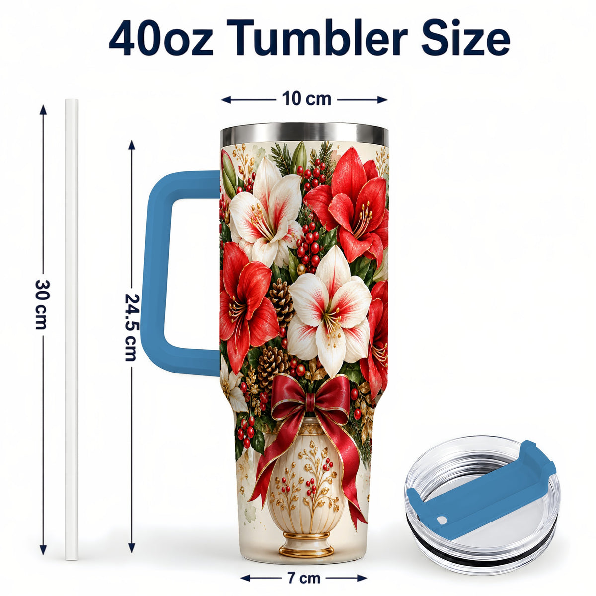 #pl[40oz|Blue] Christmas Amaryllis 40oz Tumbler with Handle, Winter Floral Design