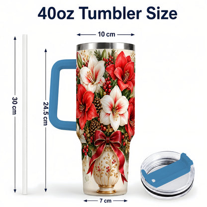#pl[40oz|Blue] Christmas Amaryllis 40oz Tumbler with Handle, Winter Floral Design