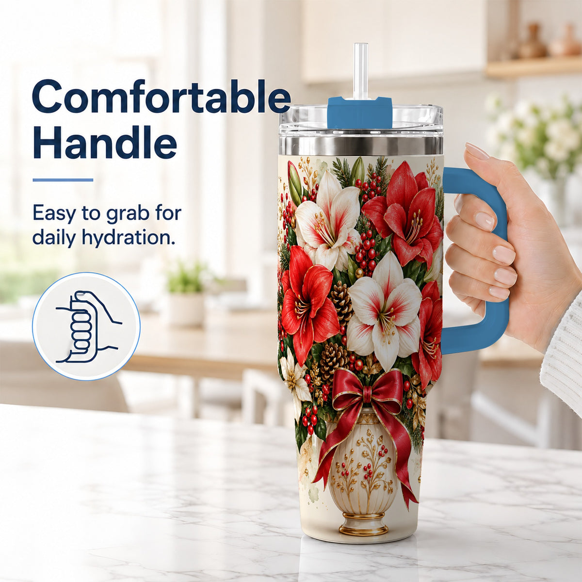 #pl[40oz|Blue] Christmas Amaryllis 40oz Tumbler with Handle, Winter Floral Design
