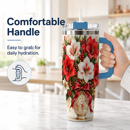 #pl[40oz|Blue] Christmas Amaryllis 40oz Tumbler with Handle, Winter Floral Design