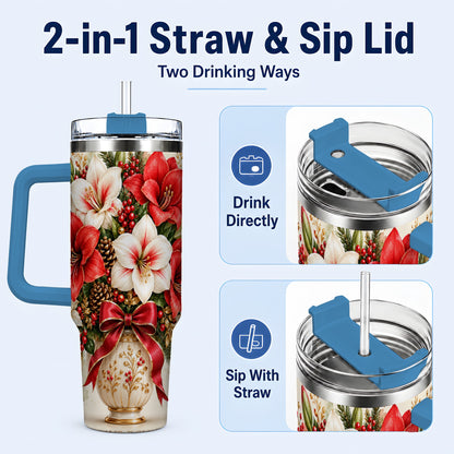 #pl[40oz|Blue] Christmas Amaryllis 40oz Tumbler with Handle, Winter Floral Design