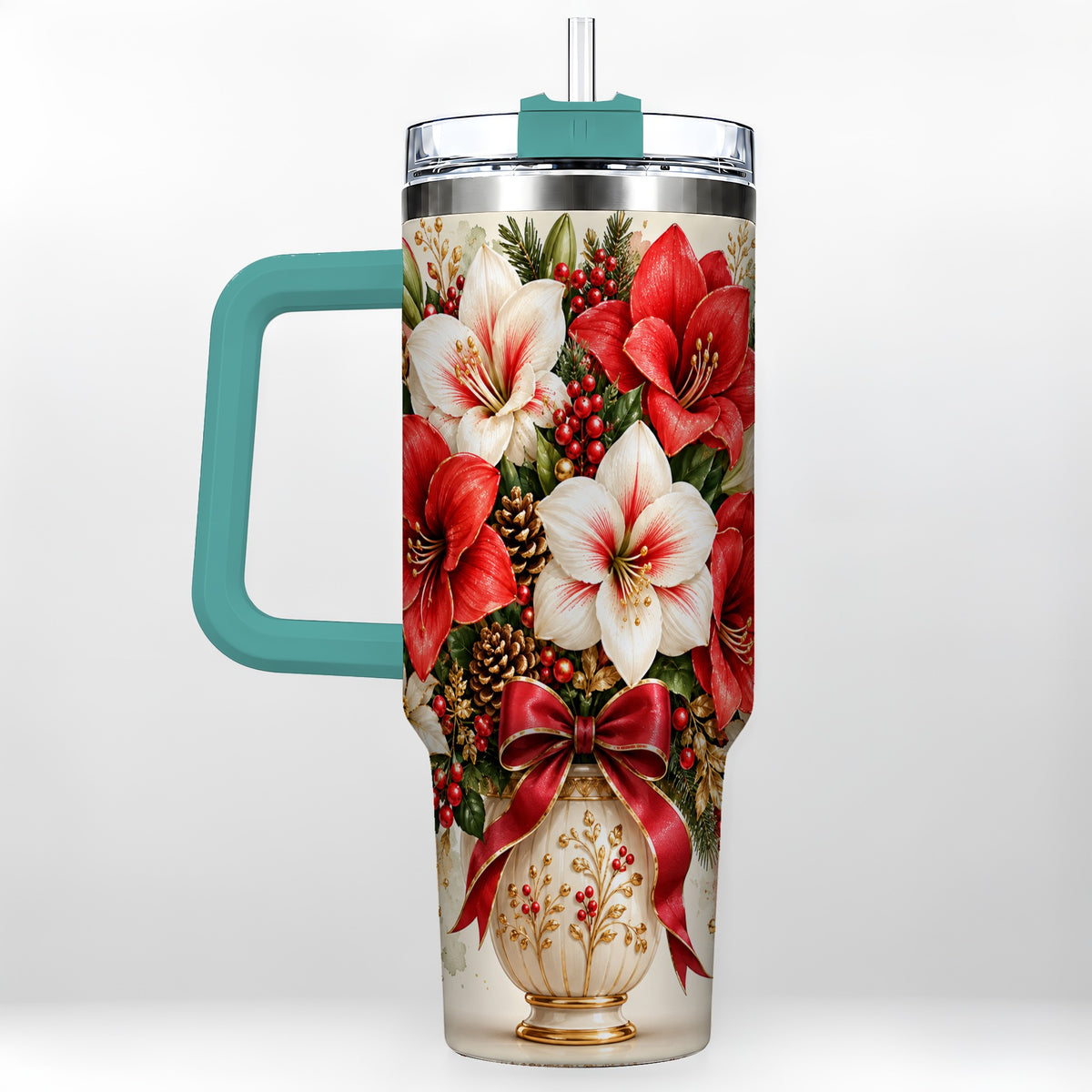 #pl[40oz|Green] Christmas Amaryllis 40oz Tumbler with Handle, Winter Floral Design