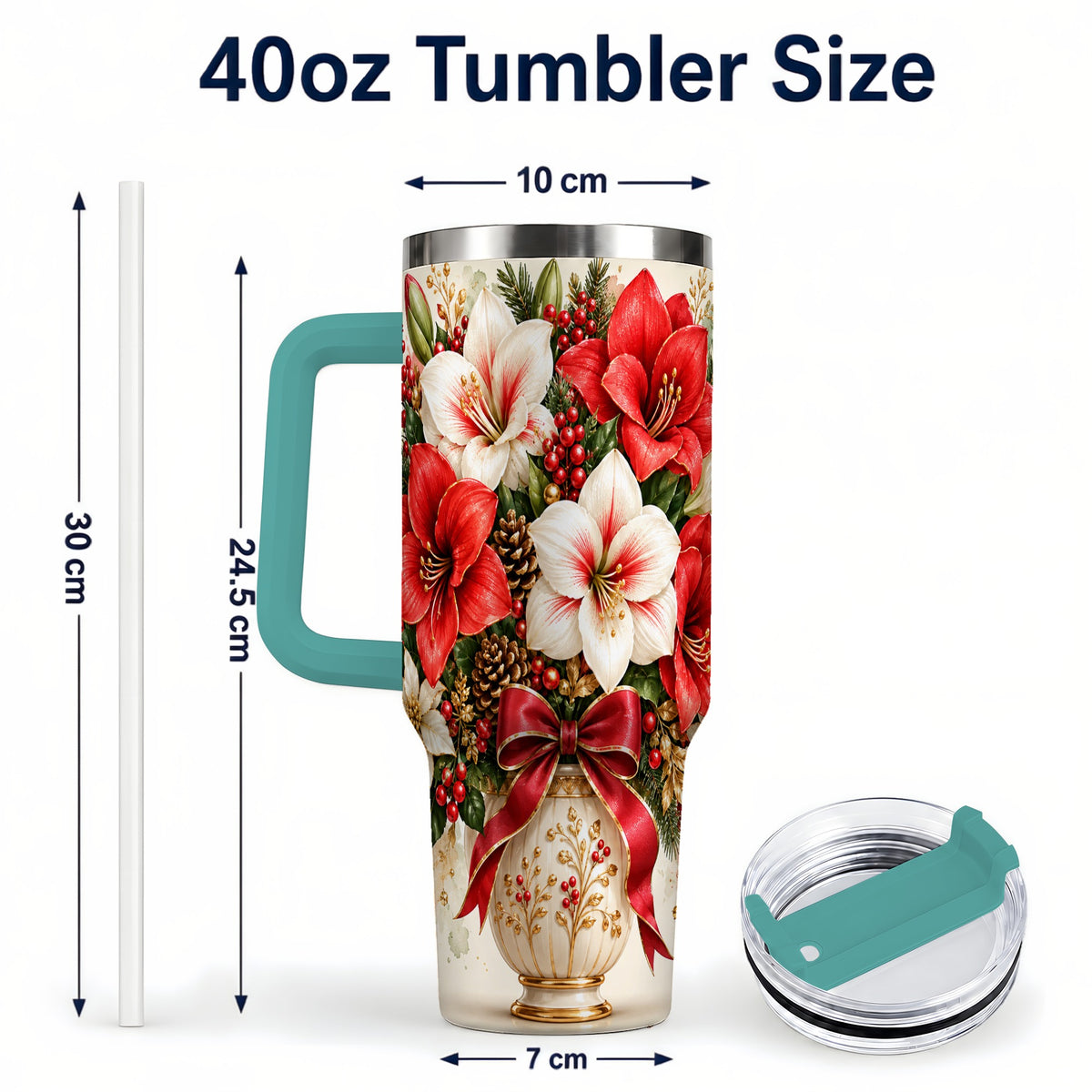 #pl[40oz|Green] Christmas Amaryllis 40oz Tumbler with Handle, Winter Floral Design