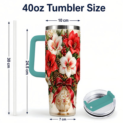 #pl[40oz|Green] Christmas Amaryllis 40oz Tumbler with Handle, Winter Floral Design
