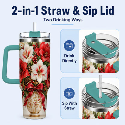 #pl[40oz|Green] Christmas Amaryllis 40oz Tumbler with Handle, Winter Floral Design