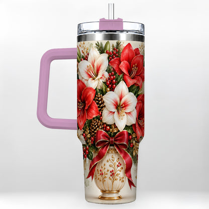 #pl[40oz|Pink] Christmas Amaryllis 40oz Tumbler with Handle, Winter Floral Design