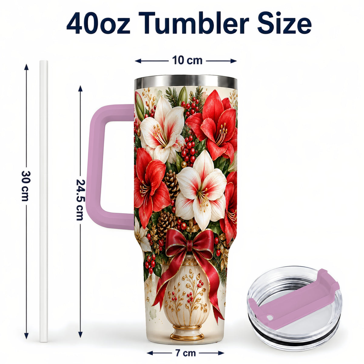 #pl[40oz|Pink] Christmas Amaryllis 40oz Tumbler with Handle, Winter Floral Design
