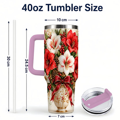 #pl[40oz|Pink] Christmas Amaryllis 40oz Tumbler with Handle, Winter Floral Design