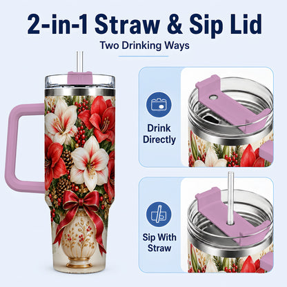 #pl[40oz|Pink] Christmas Amaryllis 40oz Tumbler with Handle, Winter Floral Design