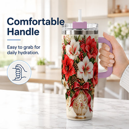 #pl[40oz|Pink] Christmas Amaryllis 40oz Tumbler with Handle, Winter Floral Design